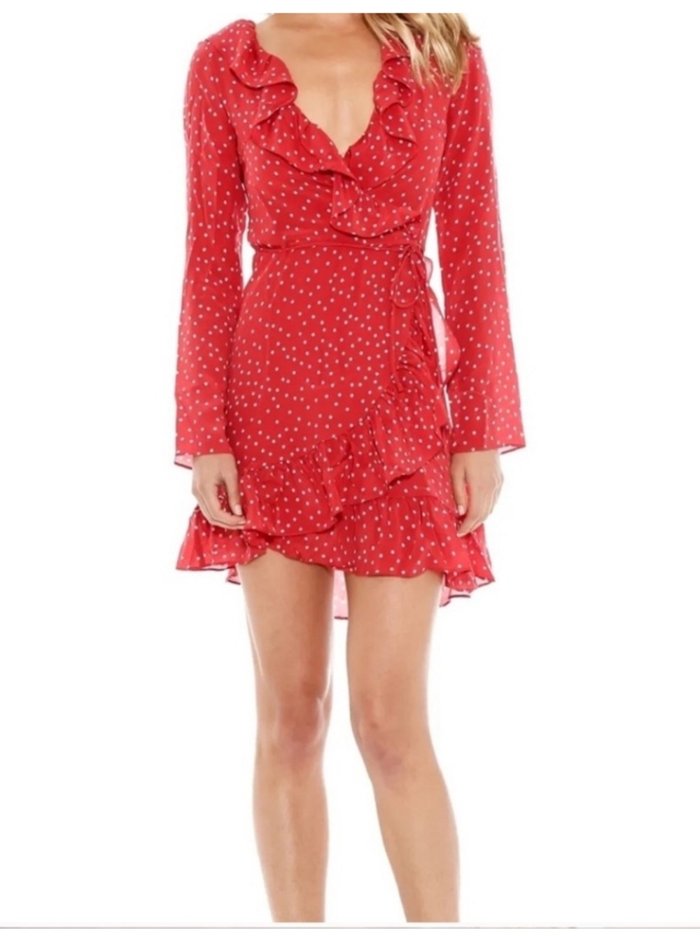 Realisation Par Red Polka Dot Ruffle Wrap Mini Dress